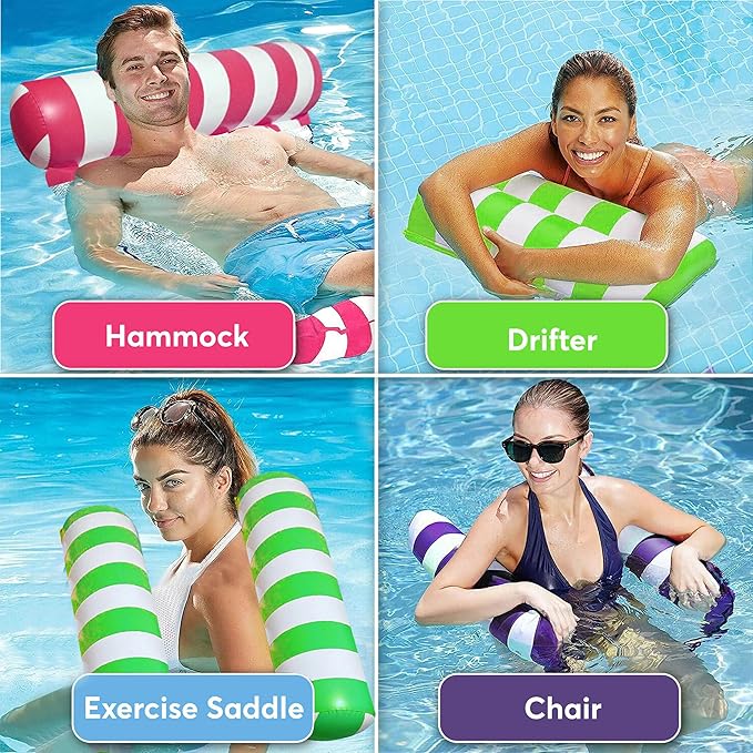 4 Pack Inflatable Pool Hammock Floats with Air Pump and Beach Ball, 4-in-1 Water Hammock Chair, Saddle, Lounge, and Drifter, Adult Size Pool Floaties for Swimming Pool