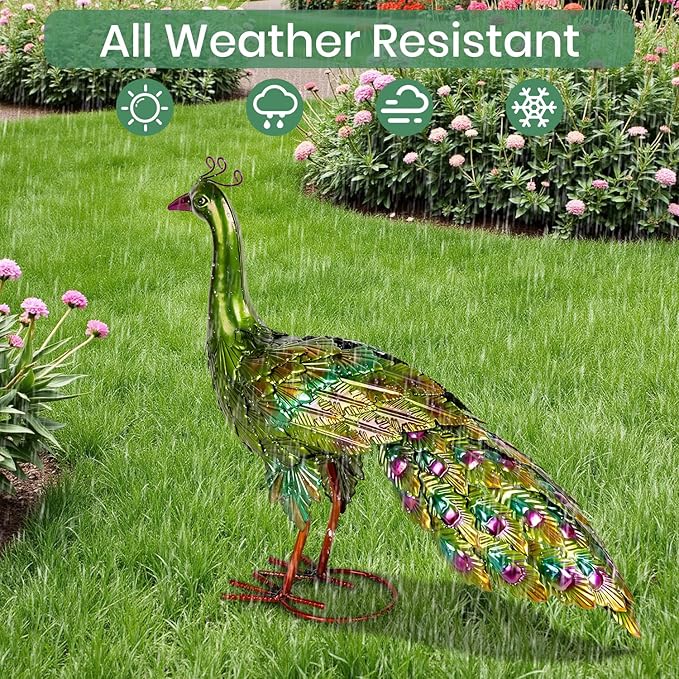 Peacock Yard Art Garden Decor Metal Peacock Outdoor Statue & Sculpture for Patio Lawn Backyard Outside Decorations Vibrant Multicolor, Green
