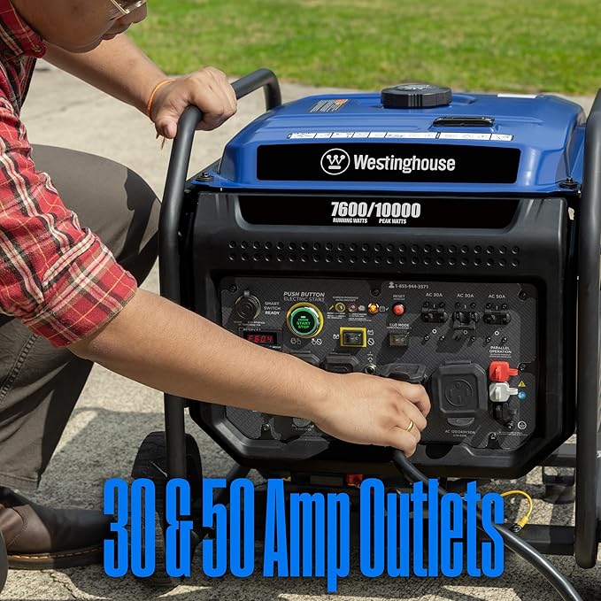 Westinghouse 10000 Peak Watt Portable Open Frame Inverter Generator, Remote Electric Start with Auto Choke, Transfer Switch Ready, Gas Powered, CO Sensor