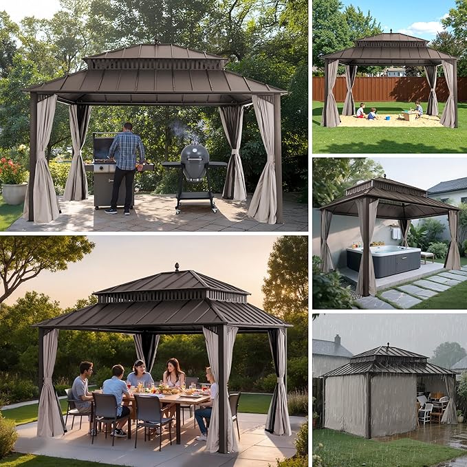 SUNJOY Kingston 14' x 12' Hardtop Gazebo with Galvanized Steel Double Roof, Curtain and Netting, Brown Aluminum Posts Permanent Pavilion Gazebo for Garden, Patio, Deck, Lawn