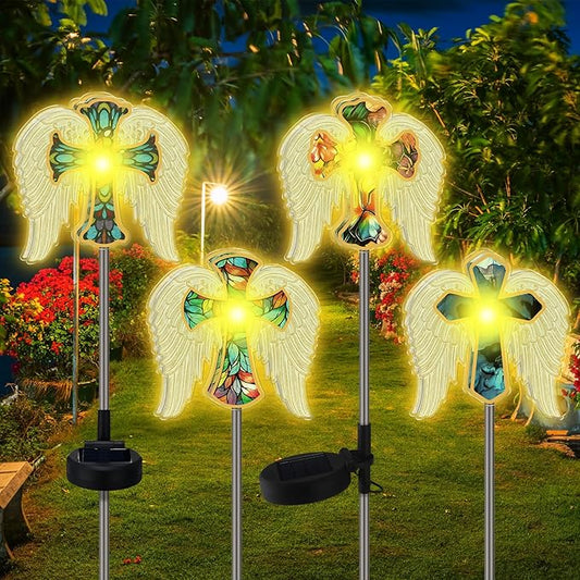 Retisee 4 Pack Halloween Decoration Cross Angel Wings Solar Lights for Outdoor Memorial Solar Lights for Graves Lighted for Halloween Christmas Garden Lawn Porch Yard Patio Waterproof Decor