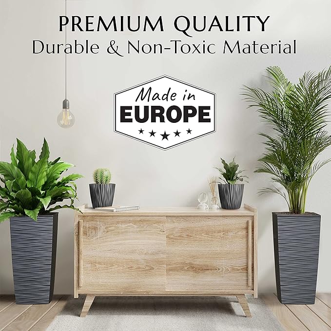 Mueller M-Resin Heavy Duty Tall Planter, Indoor/Outdoor Grande Plant, Tree, Flower Pot, 2-Piece Set, 24”, Modern Design, Built-in Drainage, Dark Gray