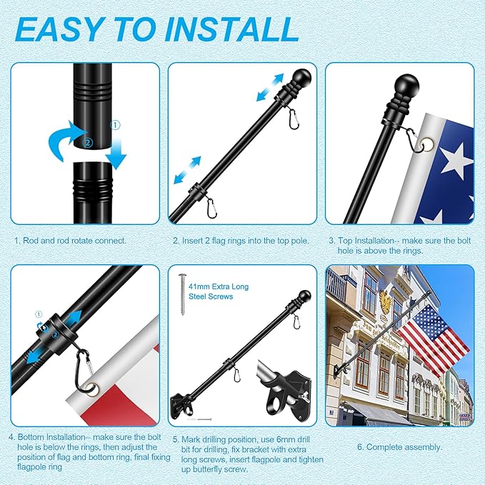 7 FT Flag Pole Kit for Outside House Porch Wall Mounted with 2-Position Bracket Holder & Rotating Metal Flagpole Ring, 1" Spinning Stainless Steel Thicken Flag Poles for 4x6 American Flag(7 FT, Black)