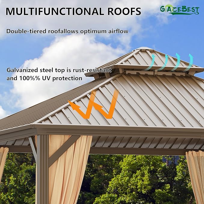 12'x12' Hardtop Gazebo, Outdoor Aluminum Patio Gazebo Double Roof Galvanized Steel Canopy with Netting and Curtains,for Garden Patio, Backyard, Deck and Lawns.