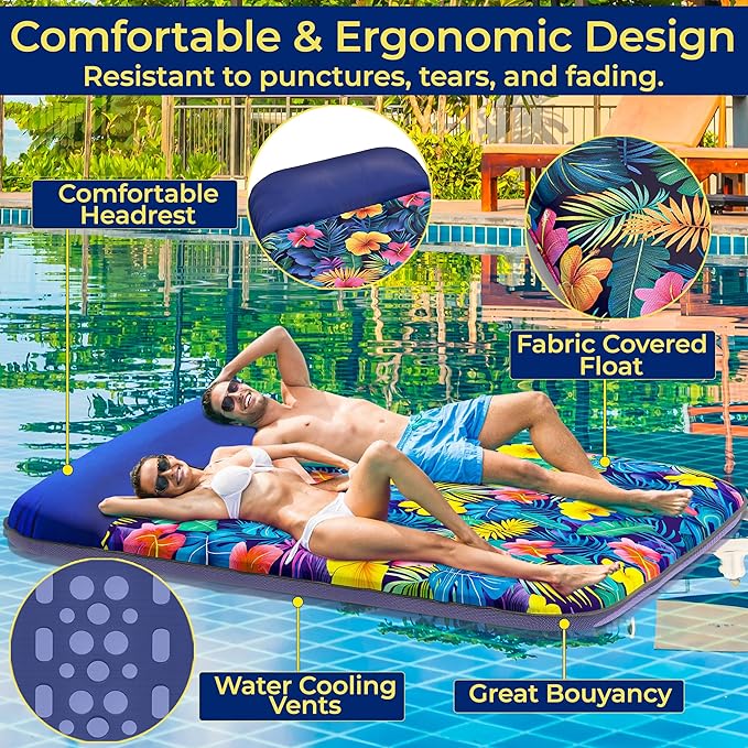 JAMBO Pool Floats, Extra Large Fabric Pool Float, Comfortable Oversized Pool Floats for Adults, Heavy Duty Pool Air Mattress, Inflatable Lounge Raft, Tanning Pool Lounger, Tanning Chair, Pool Toys