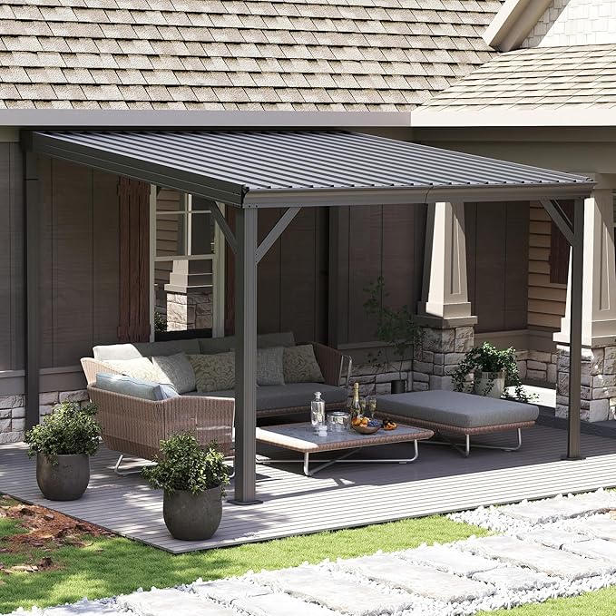 Domi 10’x10’ Lean-to Gazebo, Hardtop Wall-Mounted Gazebo Pergola with Sloping Galvanized Steel Roof and Upgraded Drainage System, Outdoor Permanent Metal Shelters for Patio Backyard Deck, Grey