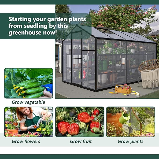 Favfurish 6x10 FT Greenhouses for Outdoors,Heavy Duty Polycarbonate Greenhouse,Lockable Walk-in Green House Sunroom w/ Roof Vent,Aluminum Hot House for Garden Plants Backyard Patio,Black