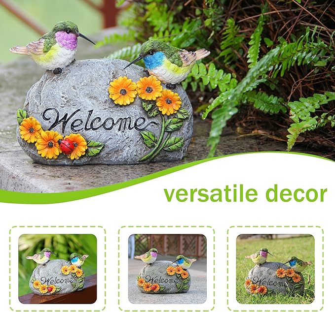 Garden Decor for Hummingbird Statue,Bird Figurines Welcome Sign for Outdoor Decorations,Bird Outdoor Statues Gifts for Lovers Women,Hummingbird Garden Art for Patio Yard Lawn Home Shelf Decor Accent