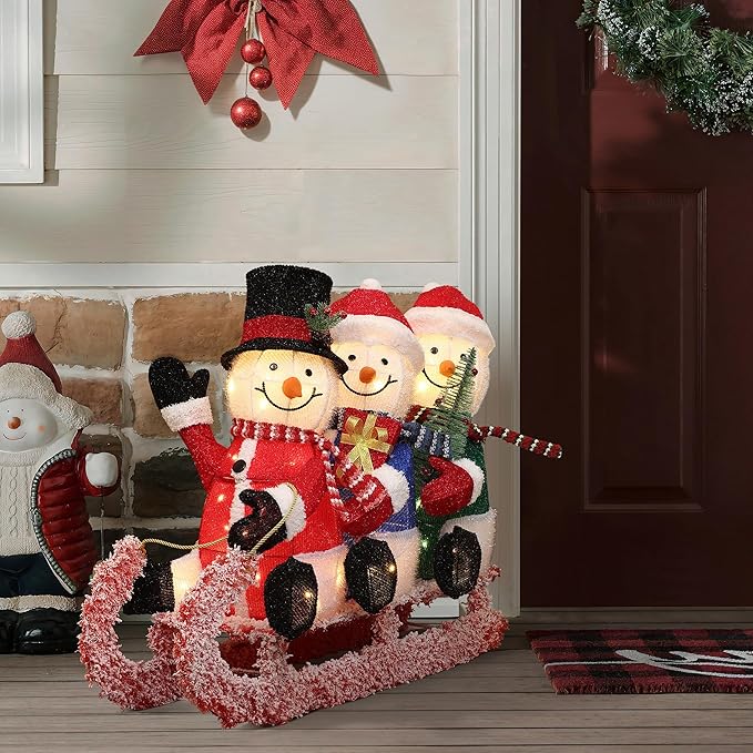 LuxenHome 20" H Lighted Snowman Outdoor Christmas Decorations, Prelit Frosted Snowman Family Trio on Sled Christmas Decor, Illuminated Christmas Decorations Outdoor and Indoor for Yard, Lawn, Porch