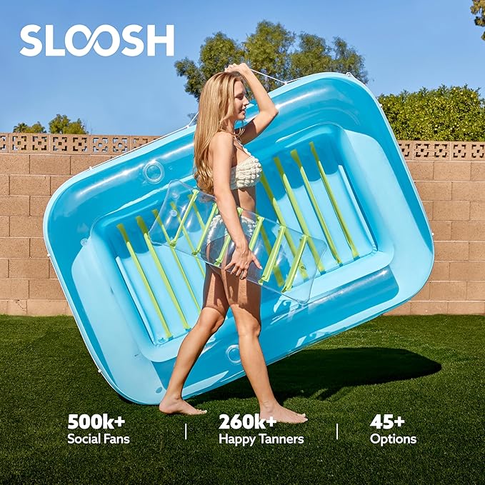 SLOOSH Inflatable Tanning Pool Lounger Float, 70" x 46" Pool Floats Adult with Pillow, 4 in 1 Suntan Tub Raft Floatie,Sunbathing Bed Lounge for Water Blow Up Kids Ball Pit Party Gifts, L-Blue Green