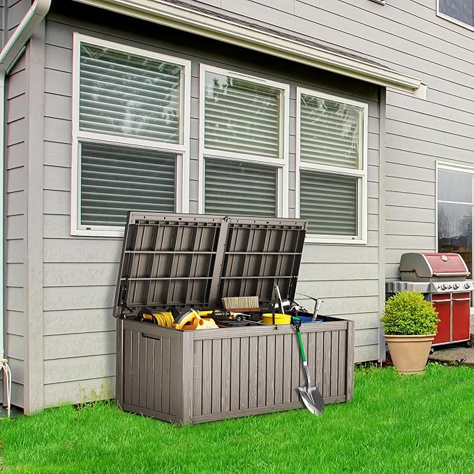 180GAL Brown Versatile Outdoor Deck Box - Waterproof, SGS - Tested UV Protection, Suitable for Various Storage Needs from Pool Accessories to Gardening Supplies