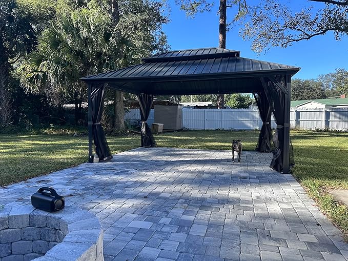 Domi 12’ X 14’ Hardtop Gazebo Canopy with Netting & Curtains, Outdoor Metal Gazebo with Galvanized Steel Double Roof for Patio Lawn and Garden, Gray