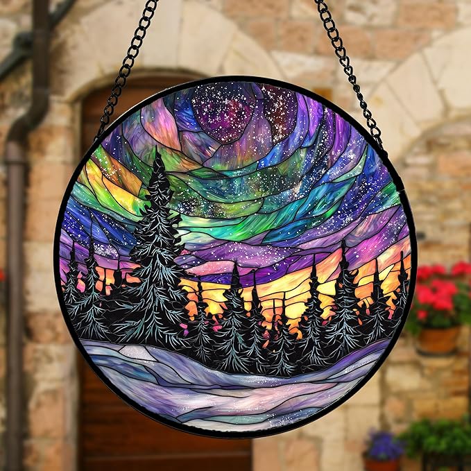 Stained Glass Window Hanging, Van Gogh Night Scene Sun Catchers Colorful Glass Panel Starry Sky Suncatcher Decor for Birthday for Women, Men, Wife, Aunt, and Mom 9.8 in