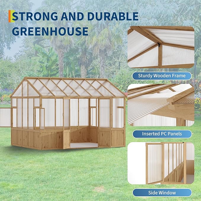 10X12 FT Heavy Duty Wooden Greenhouse for Outdoor - Walk-in Green House Kit with 6mm Polycarbonate, Ventilated Window & Lockable Door for Backyard, Patio, Lawn