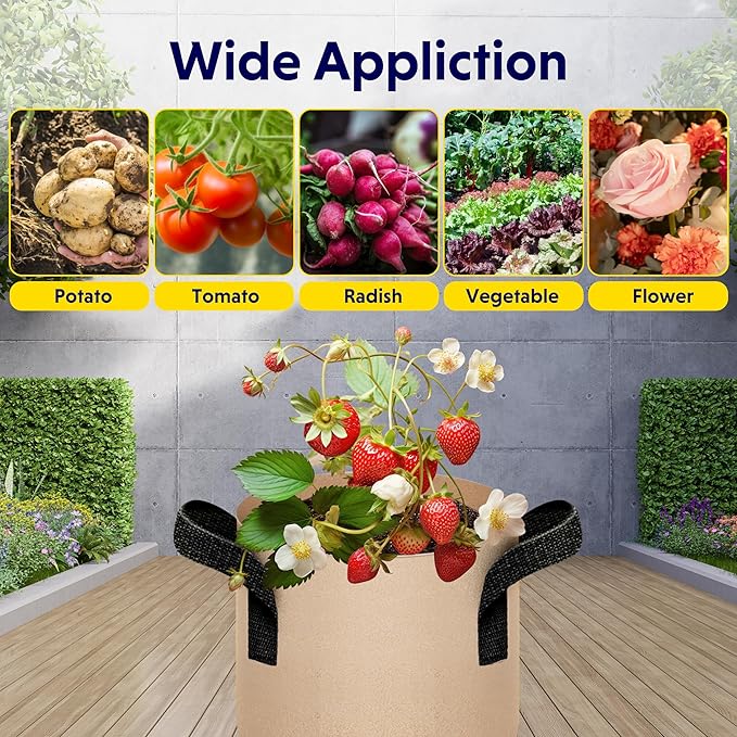 iPower 5 Pack 2 Gallon Grow Bags Heavy Duty 300G Thickened Nonwoven Fabric Plant Pots with 5 Labels & Handles for Outdoor Garden, Aeration Planter Bags for Fruits, Vegetables, Tomato & Flowers, Tan