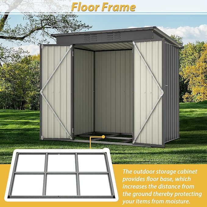 6x4 FT Outdoor Metal Storage Shed with Frame Floor & Sloping Roof, Lockable Double Door, Weatherproof Steel Garden Shed for Tools, Lawn Equipment & Patio Supplies