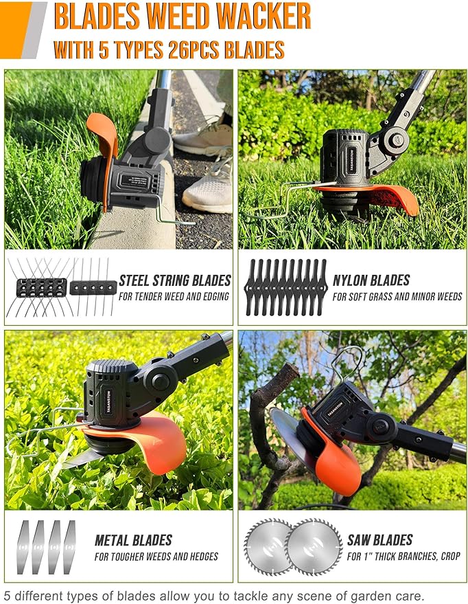 Electric Weed Wacker Cordless, 21V Weed Eater Battery Powered with 2 Batteries and Charger, 3 in 1 Electric Grass Trimmer Cordless Edger Brush Cutter with Saw & Metal Blade for Lawn Garden Yard