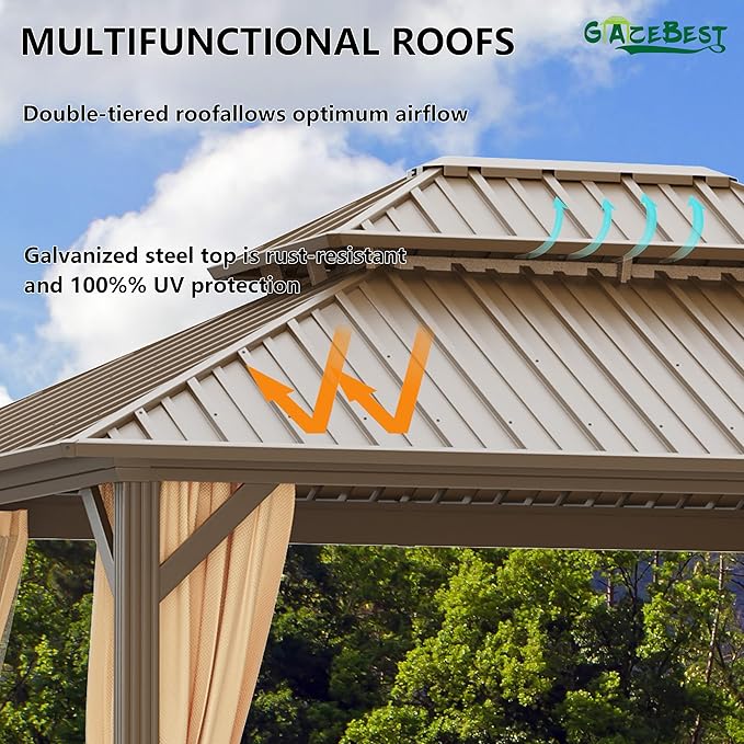10x12 ft Hardtop Gazebo Outdoor Aluminum Patio Gazebo Double Roof Galvanized Steel Canopy with Netting and Curtains for Garden, Backyard, Deck and Lawns.