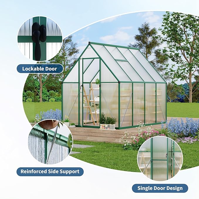 6X7 ft Polycarbonate Greenhouse with Aluminum Frame, Polycarbonate Greenhouse for Outdoors, Greenhouses with Ventilation, Aluminum Large Walk-in Greenhouses for Outside