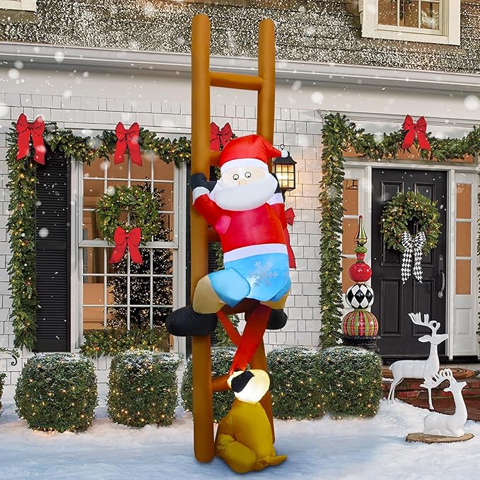 DR.DUDU 8 FT Christmas Inflatable Outdoor Decoration, Blow Up Santa Claus on Ladder with Puppy Dog with LED Lights for Yard Lawn Window Tree Xmas Holiday Inflatables Decorations
