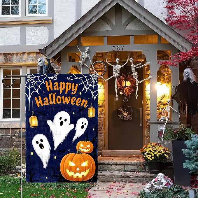 Garden Flags 12x18 Inch Halloween Ghost Pumpkin Banner Outdoor Scary Yard Sign Spooky Night Fall Lawn Porch Decor for Home Welcome Party Garden Flag
