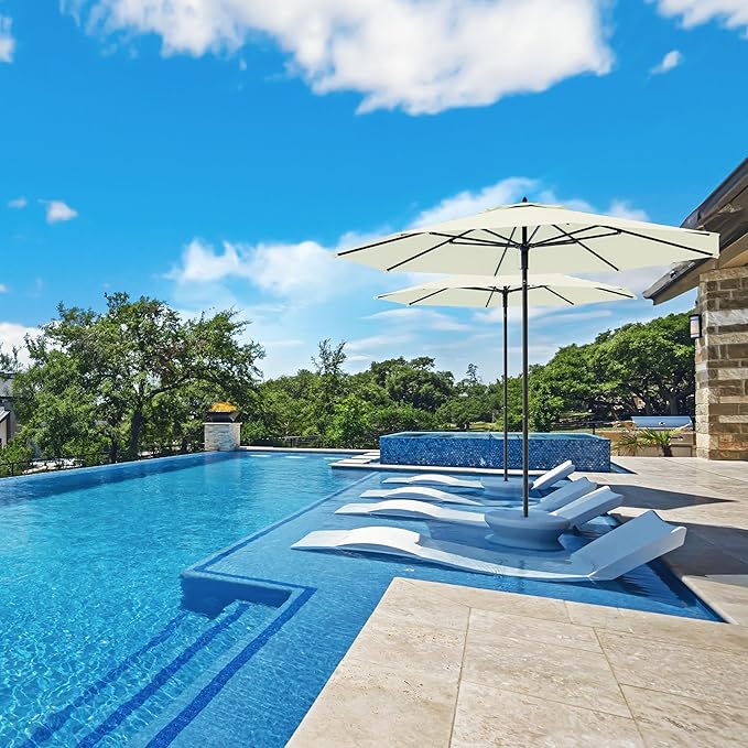 Midtown Umbrellas The Wooden 9 Feet Patio Umbrella With Sunbrella Canvas Natural Acrylic Fabric - Aluminum Frame Market Umbrella For Backyard, Deck, Garden, Pool - Wooden Pole