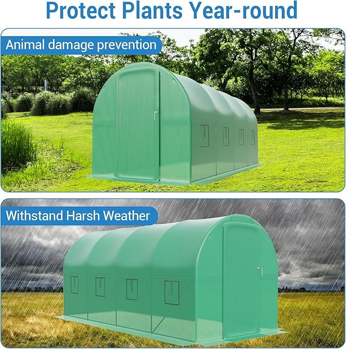 15X7x7 Ft Walk-in Tunnel Greenhouse for Outdoor Gardening - Heavy Duty Galvanized Steel Hoop House with Green PE Cover, A Swing Door & 8 Vent Windows, Garden Plant Protection for Winter Use