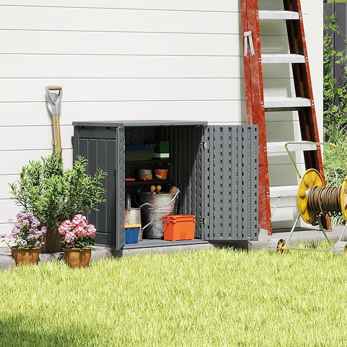 Heavy Duty Small Storage Cabinet Outdoor Weatherproof, 14 Cuft Garage Storage Cabinet with 2 Adjustable Shelves, Lockable Kitchen Pantry Closer Organizer, 31Wx23Lx34H, Sage Grey