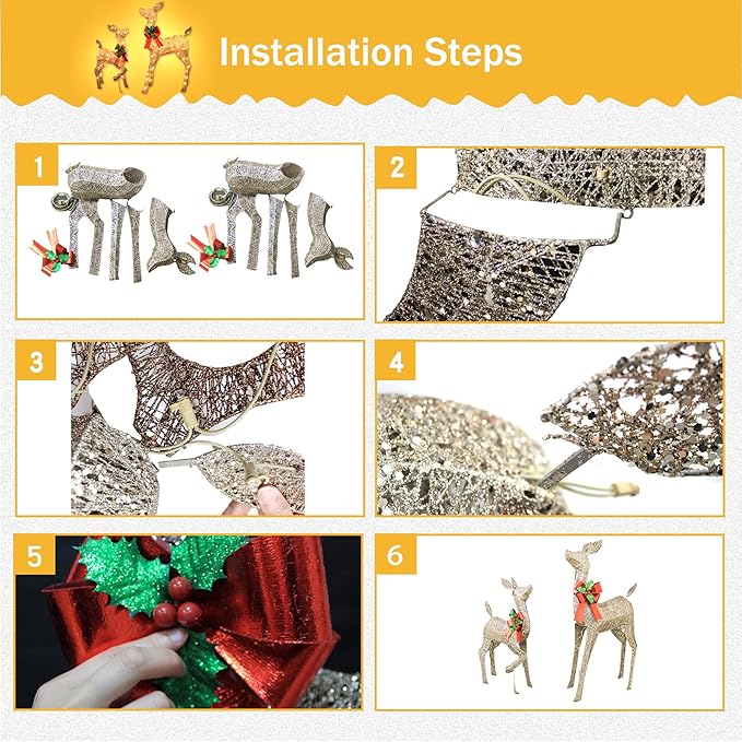 38in Christmas Deer Set Decoration for Outdoor Yard 2pc Deers, Lighted up Reindeer Outdoor Decor Champagne Gold Christmas Doe Fawn with Bow, for Christmas Tree Porch Holiday Display