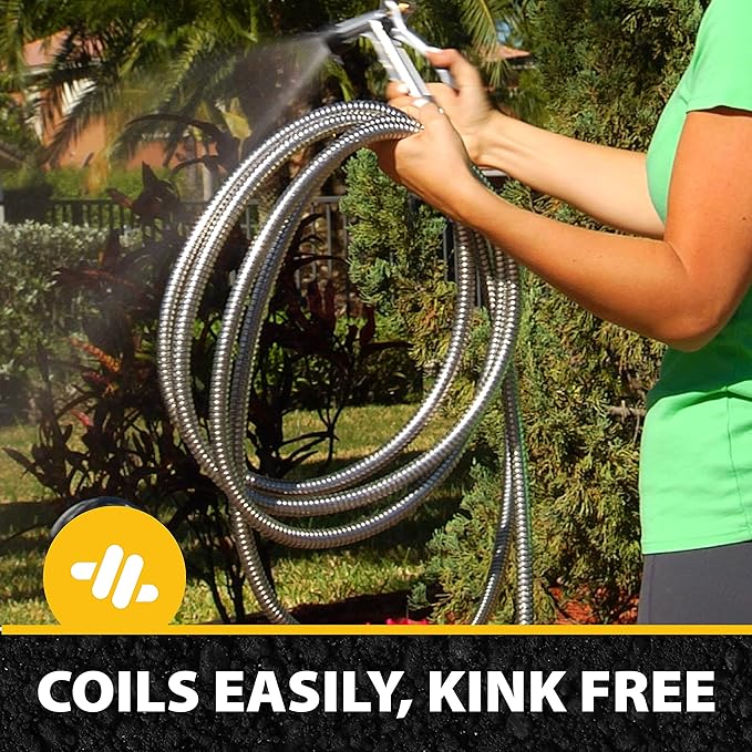 BIONIC STEEL 50 Ft Metal Garden Hose with Sprayer Nozzle, Non Kinking Designed Stainless Steel Heavy Duty Water Hose 50Ft x 5/8 in. Ultra Flexible NON Expandable for Uninterrupted Water Flow, 500 PSI
