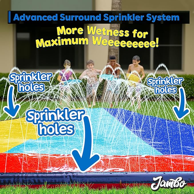 JAMBO XL 20Ft Premium 3 Lane Slip Splash and Slide with 3 Bodyboards, Heavy Duty Water Slide- Advanced 3-Way Water Sprinkler System, Backyard Waterslide Outdoor Water Toys n Slides for Kids