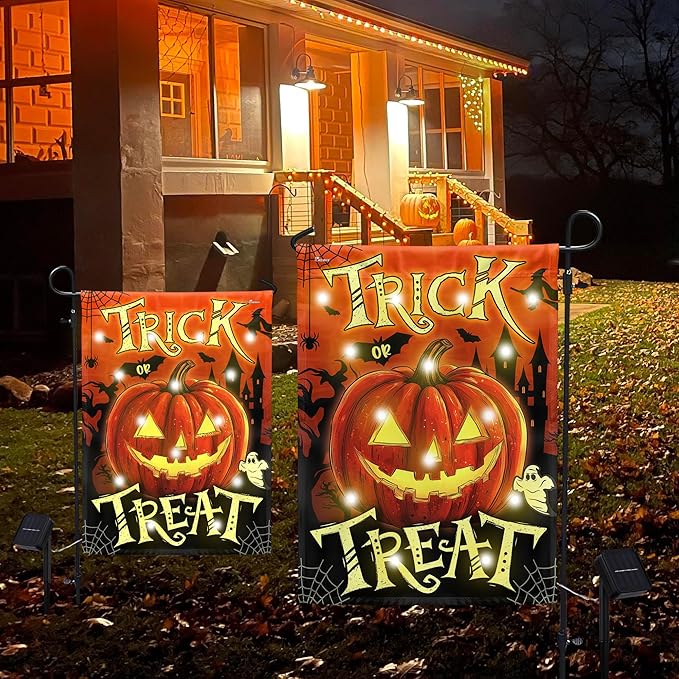 FLAGWIX Halloween Garden Flag - Solar Flag Light for Garden Decor 11.5"x17.5" - Fall Garden Flags for Halloween Decorations, Pumpkin Yard Flags for Fall Outdoor Decor, Outside Decorations for Yard