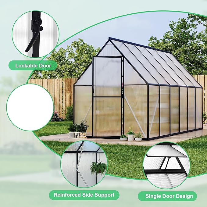 6'x11' Aluminum-Framed Polycarbonate Greenhouse, Heavy Duty Polycarbonate Greenhouse with Quick Setup Structure and Roof Vent, Large Enhanced Aluminum GreenhouseKit for Outdoors