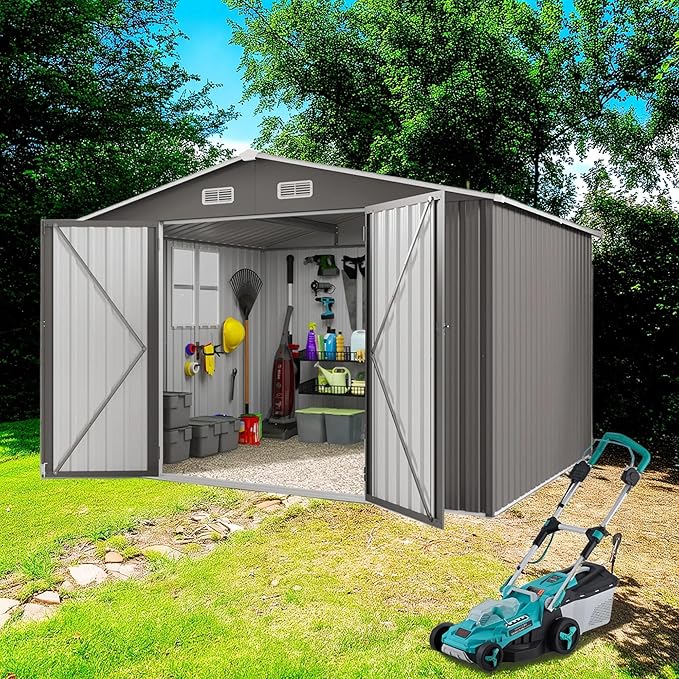10x12 FT Outdoor Storage Shed, Large Metal Garden Shed with Double Door Two Window Waterproof Tool Shed for Backyard Patio Lawn Poolside, Grey