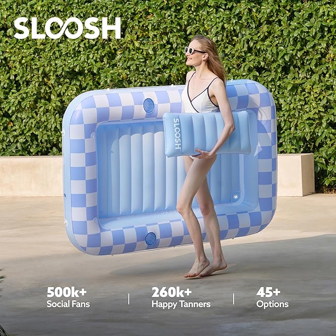 SLOOSH Inflatable Tanning Pool Lounger Float, 70" x 46" Pool Floats Adult with Pillow, 4 in 1 Suntan Tub Raft Floatie,Sunbathing Bed Lounge for Water Blow Up Ball Pit Party Gifts
