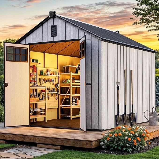 YITAHOME Outdoor Storage Shed 8x10 Ft, Plastic Storage Sheds with Floor, Lockable Doors, Windows, and Vents for Patio, Lawn, Backyard, Large Garden Storage for Bikes, Mowers, and Garden Tools, Gray