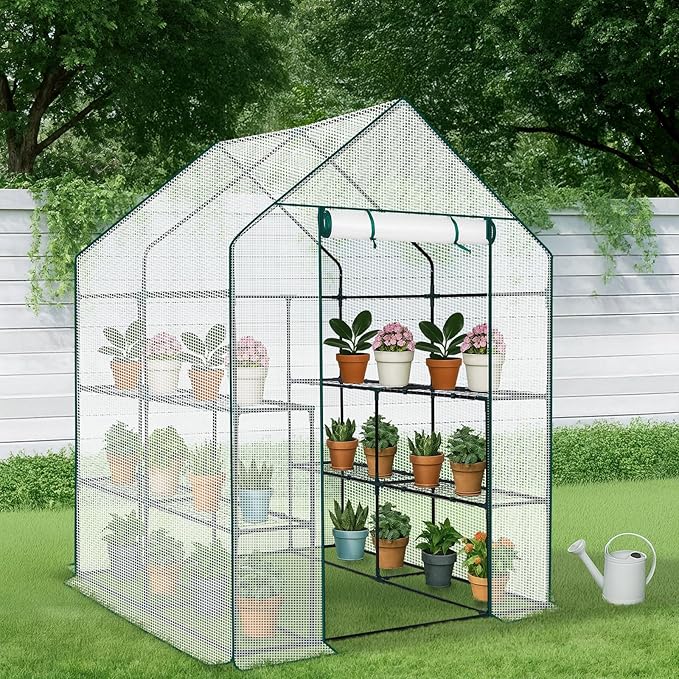Outvita Walk-in Greenhouse, Outdoor Durable PE Plant Green House for Frost Protection with 3 Tiers 8 Shelves, Shelf Clips, Roll-up Zipper Door, 56"x56"x77" White
