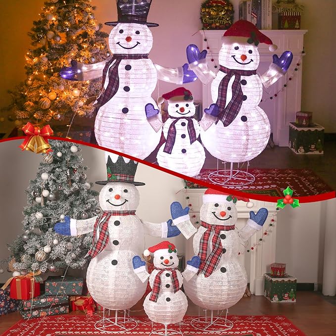 3-Piece 3D Lighted Snowman Family Set Outdoor Christmas Decorations Weather-Resistant Christmas Collapsible Snowmen Yard Decor for Yard Patio with LED Lights & Stakes