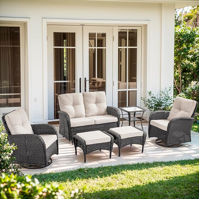 6 Piece Patio Furniture Set - Wicker Patio Conversation Set with Swivel Glider, Glider Loveseat, Tempered Glass Side Table and 2 Ottomans for Deck Backyard - Black Wicker Beige Cushion
