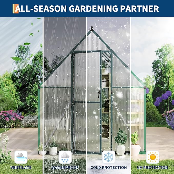 6X9 ft Polycarbonate Greenhouse with Aluminum Frame, Polycarbonate Greenhouse for Outdoors, Greenhouses with Ventilation, Aluminum Large Walk-in Greenhouses for Outside
