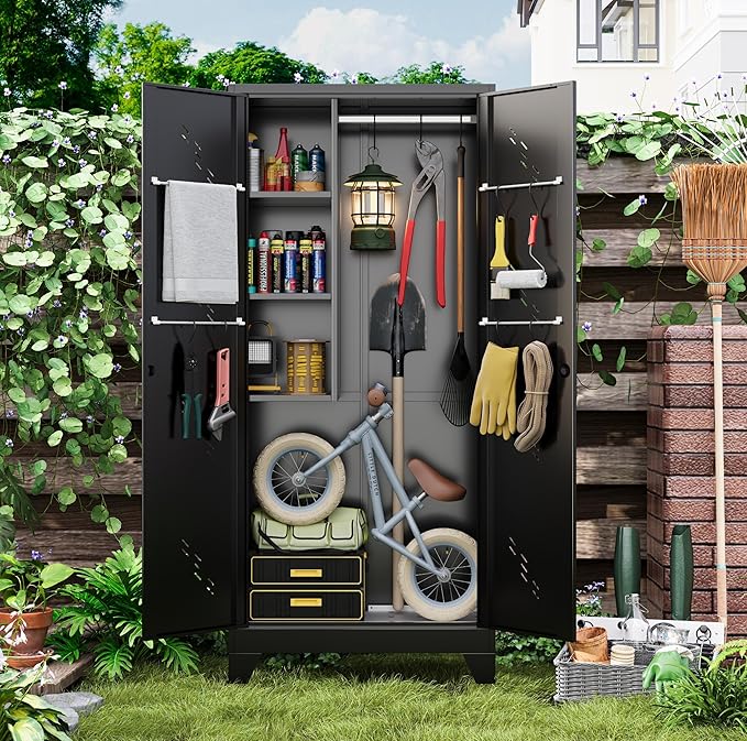 Storage Cabinet 1.4×2.8 FT, Metal Outdoor Sheds for Garden Tool Organization, Heavy Duty Storage Sheds with Lockable Doors and Vents for Backyard, Garden, Patio Lawn