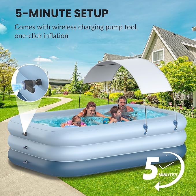 Inflatable Pool with Canopy,Upgraded 102"x67"x24" Inflatable Swimming Pool for Kids&Adults,Outdoor Blowup Pool with UV Shade&Wireless Pump,Durable Thickened Family Splash Play Center for Backyard-Blue