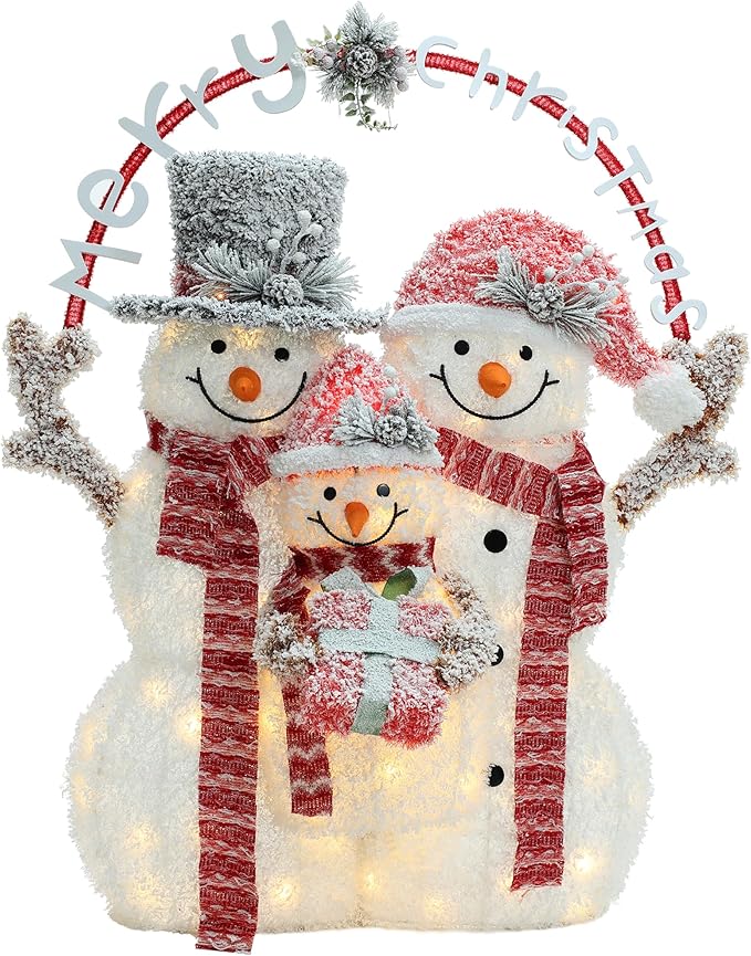 LuxenHome 3.5FT Lighted Snowman Family Outdoor Decorations, Prelit Frosted Snowman with Hat and Scarf, Illuminated Christmas Decorations Indoor and Outdoor for Porch, Lawn, Holiday Yard Decor