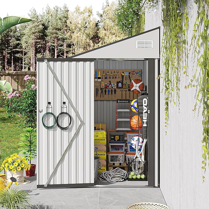 8x4 FT Outdoor Storage Shed, Metal Shed with Floor, Lockable Door, Sloping Roof, All-Weather Lean to Resin Shed for Garden, Backyard, Patio, Lawn (White)