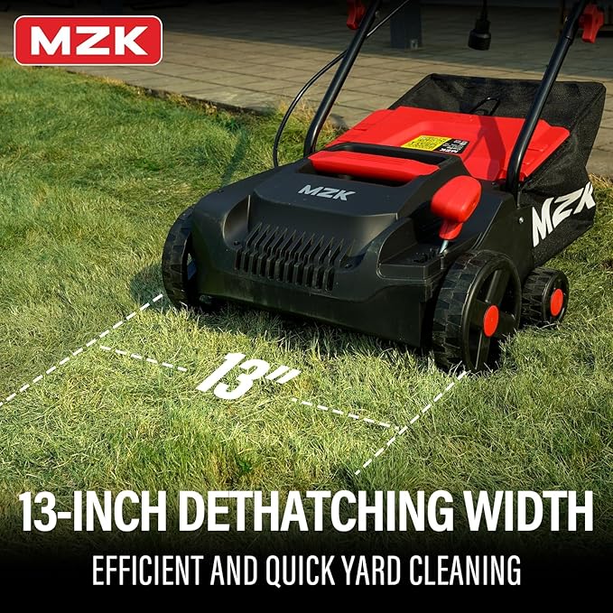 MZK 13-inch 13-Amp 2-in-1 Electric Dethatcher and Scarifier w/Removeable 4-Position Height Adjustment,Lawn dethatcher w/8-Gallon Thatch Collection Bag,Keep Lawn Health (DS13A04)