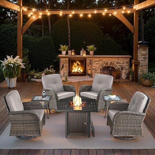 7 Piece Patio Furniture Set with Fire Pit Table - Wicker Patio Conversation Set with 4 Swivel Glider Chairs and 2 Tempered Glass Side Tables for Deck Backyard - Brown Wicker Beige Cushion