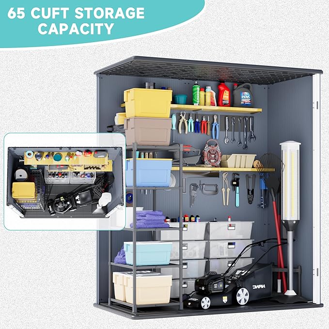 Greesum 5X3FT Plastic Outdoor Storage Shed with Floor, Resin Storaged Sheds with Lockable Door, All-Weather Tool Sheds for Garden, Backyard, Patio, Dark Gray (4.7×2.5FT)