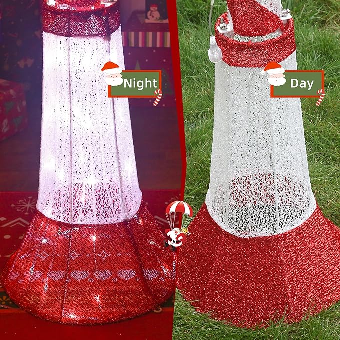 60-Inch Outdoor Christmas Decorations Outdoor Lighted Lamp Post 3D Lamppost LED Lighted Post Christmas Decoration with 128 LED Lights & Bow Holiday Decorations for Yard, Porch, Patio