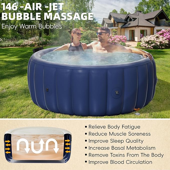 2-4 Person Inflatable Hot Tub - 73"x28" Round Portable Outdoor Spa with 146 Bubbling Jets & Smart Control,2 Contoured Headrest,Cup Holder and Cover, Blue