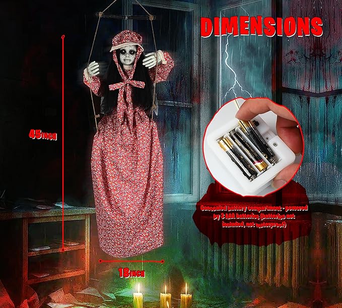 Scary Halloween Decorations Hanging Swinging Doll Girl for Indoor & Outdoor Props, Sound, Touch & Clap Activated with Creepy Sounds & Light-Up Eyes for Halloween Haunted House or Yard Lawn Prop